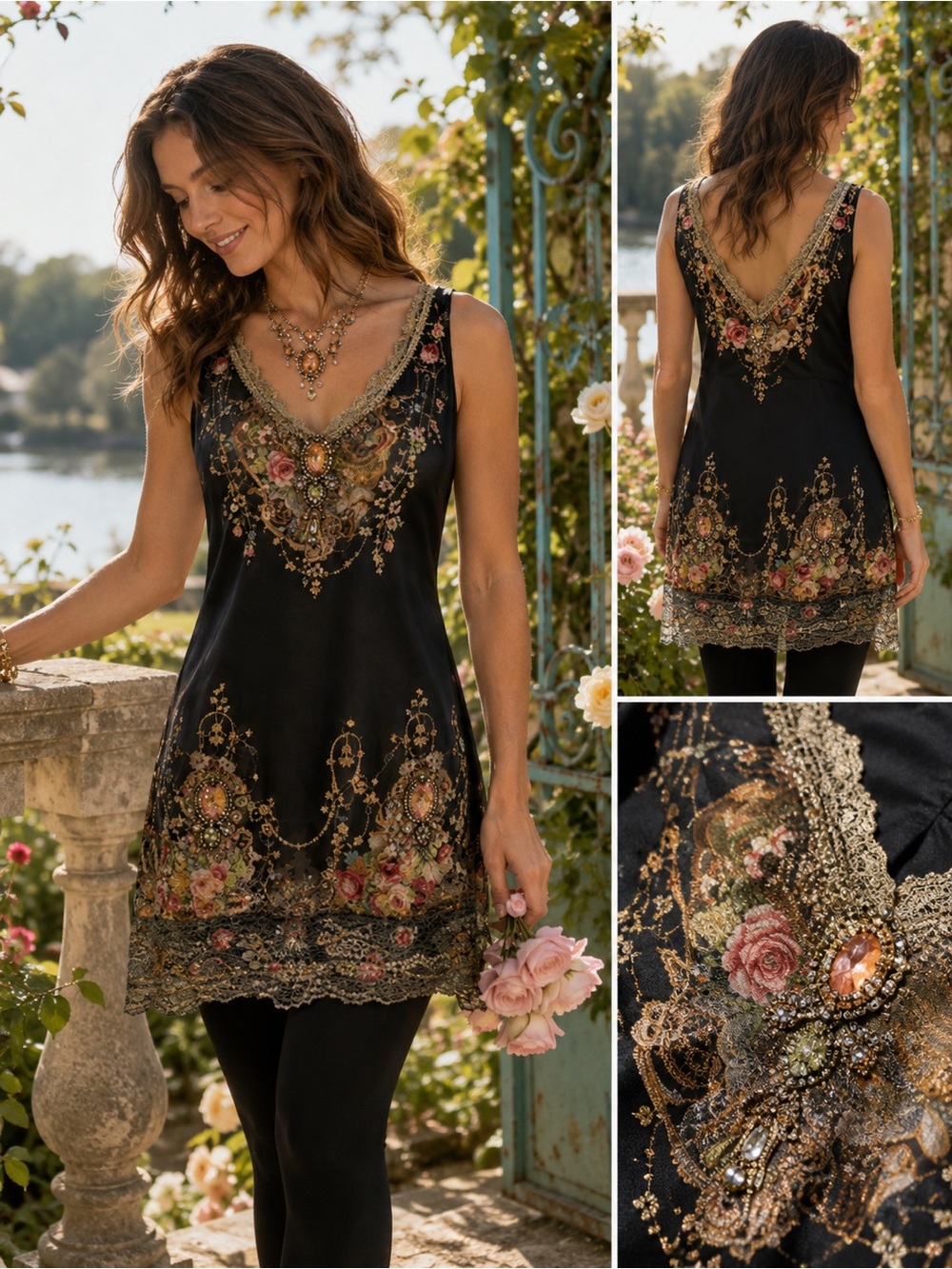 Michal Negrin Black Floral Swarovski Crystal Embellished Tunic Dress Size L